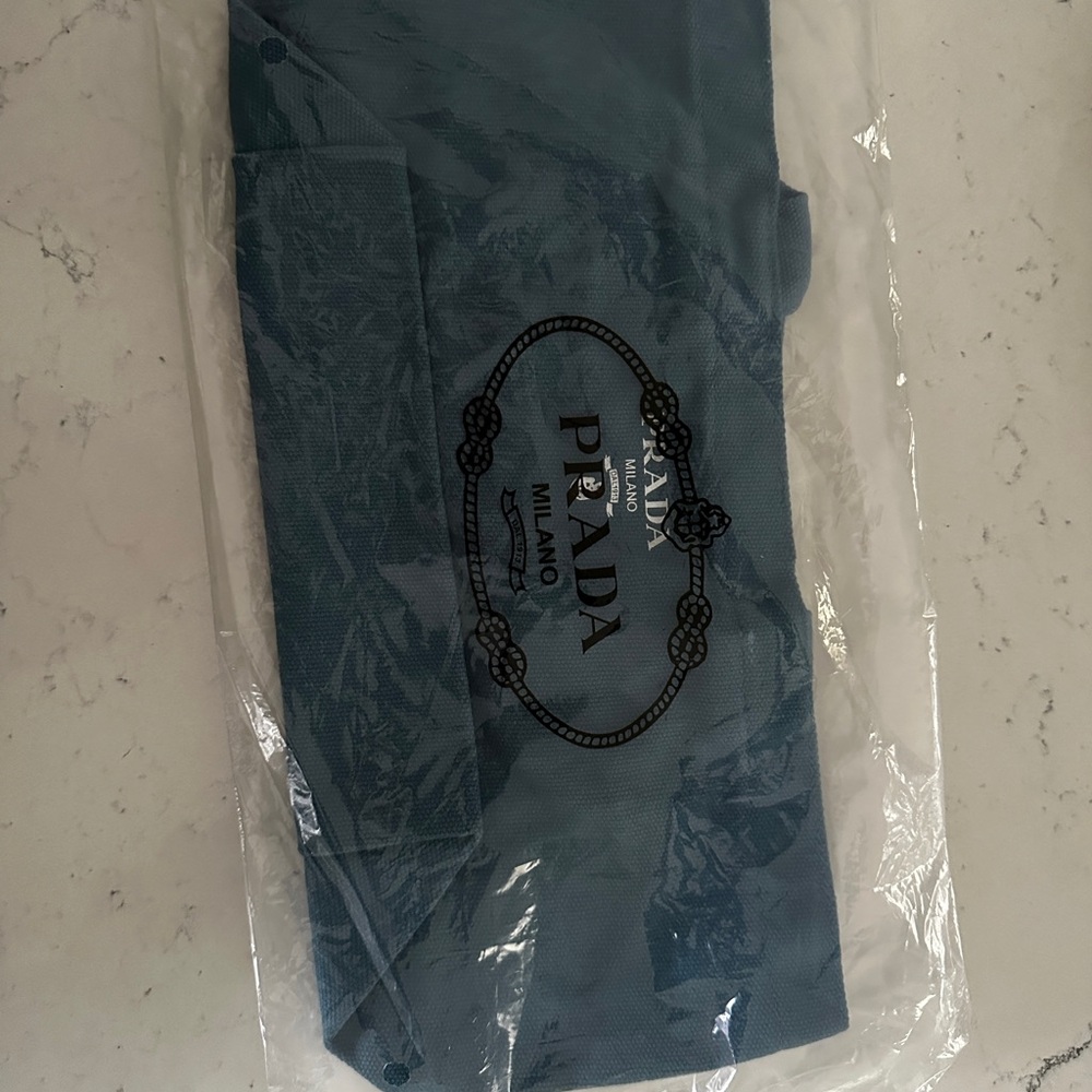 Prada teal canvas tote with white logo